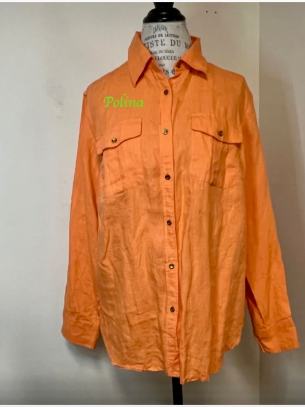 Vintage Ralph Lauren Women Button Down Top Siz XL 100% linen orange color
